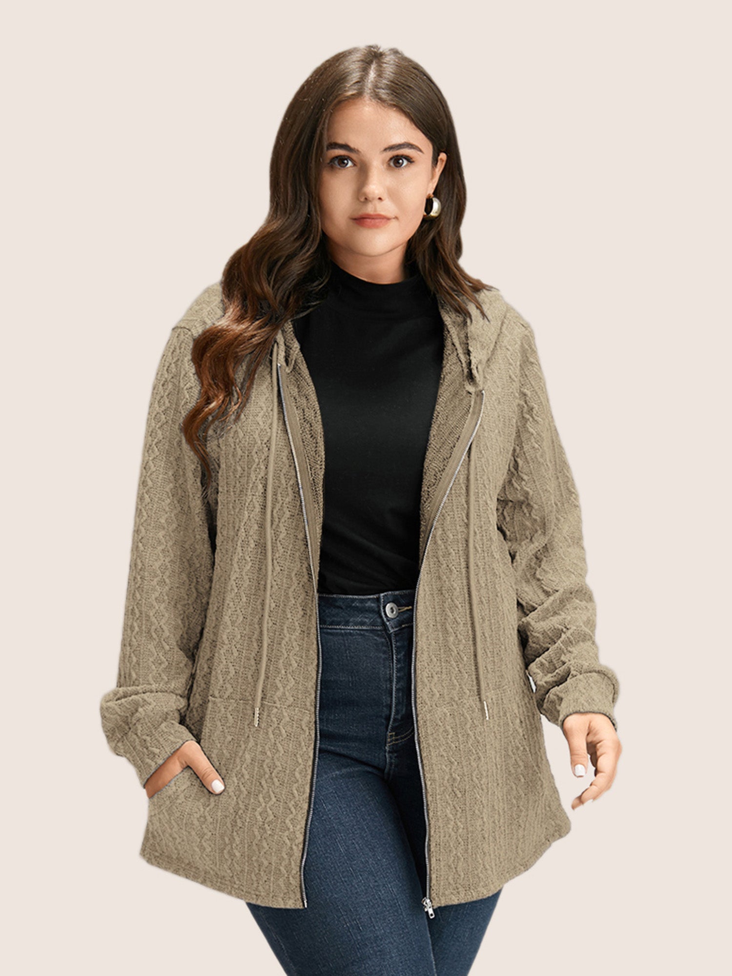 Plain Textured Zipper Hooded Sweatshirt