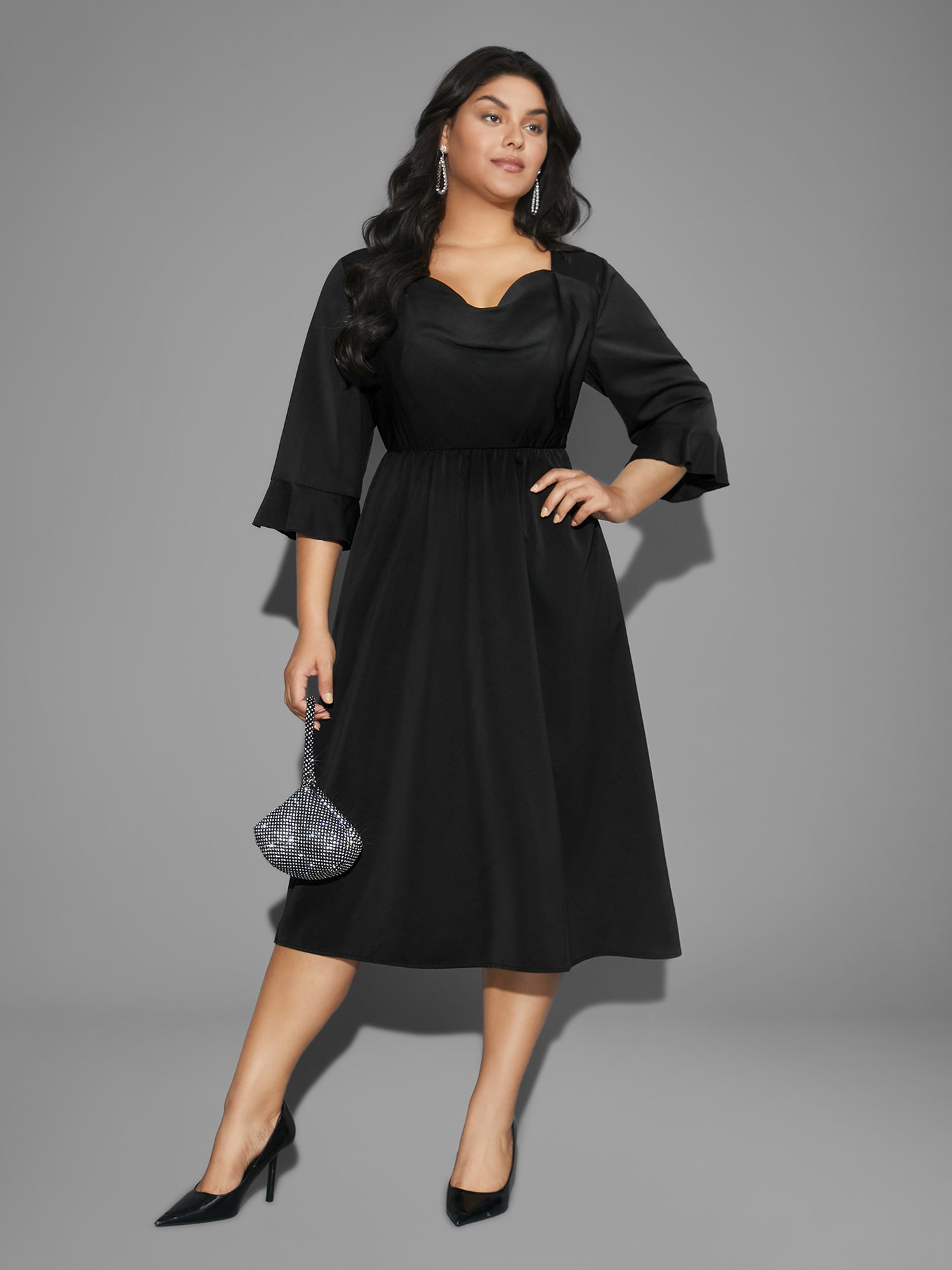 Cowl Neck Ruffle Sleeve Midi Dress