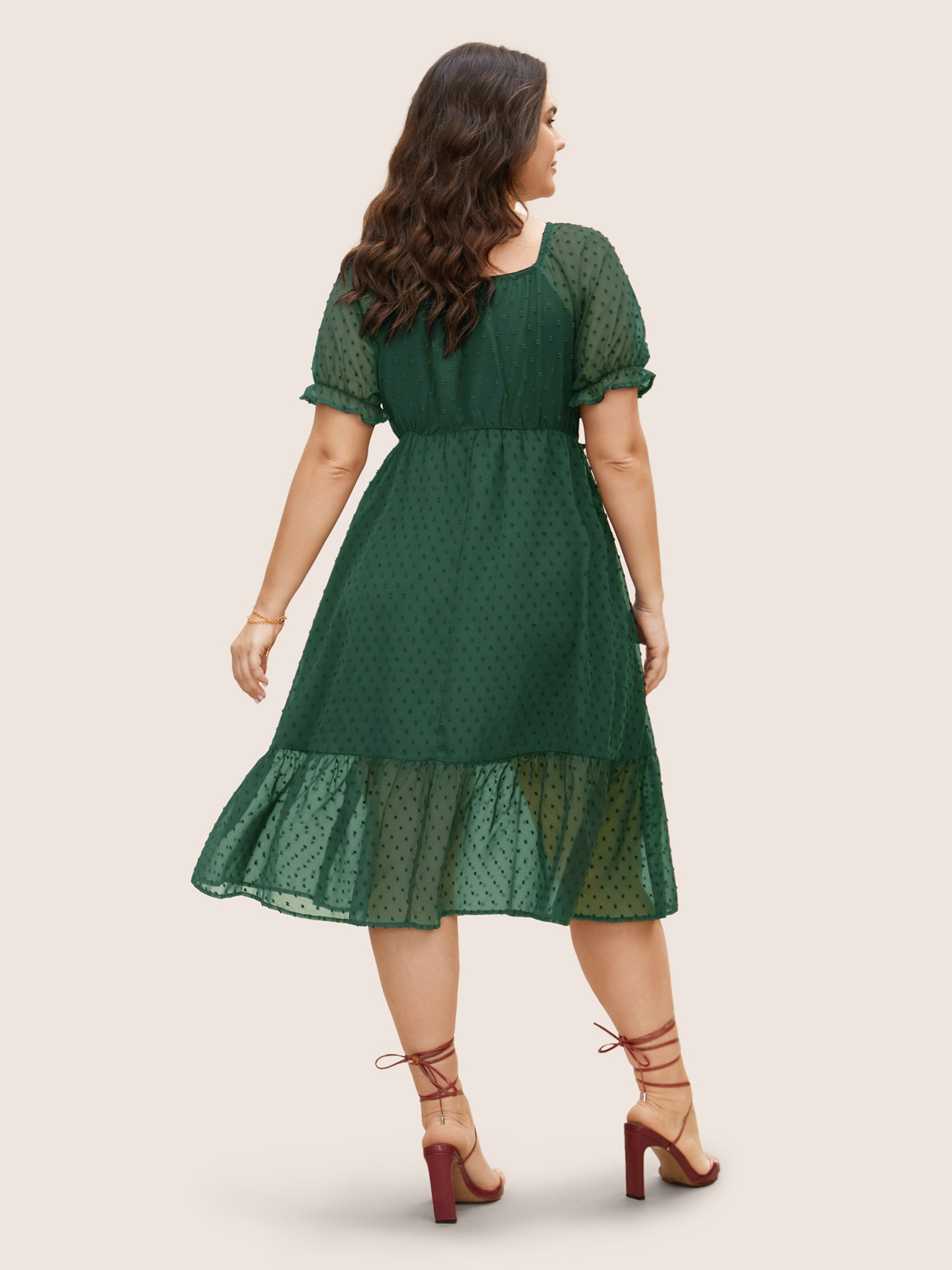 Polka Dot Textured Mesh Shirred Drawstring Dress