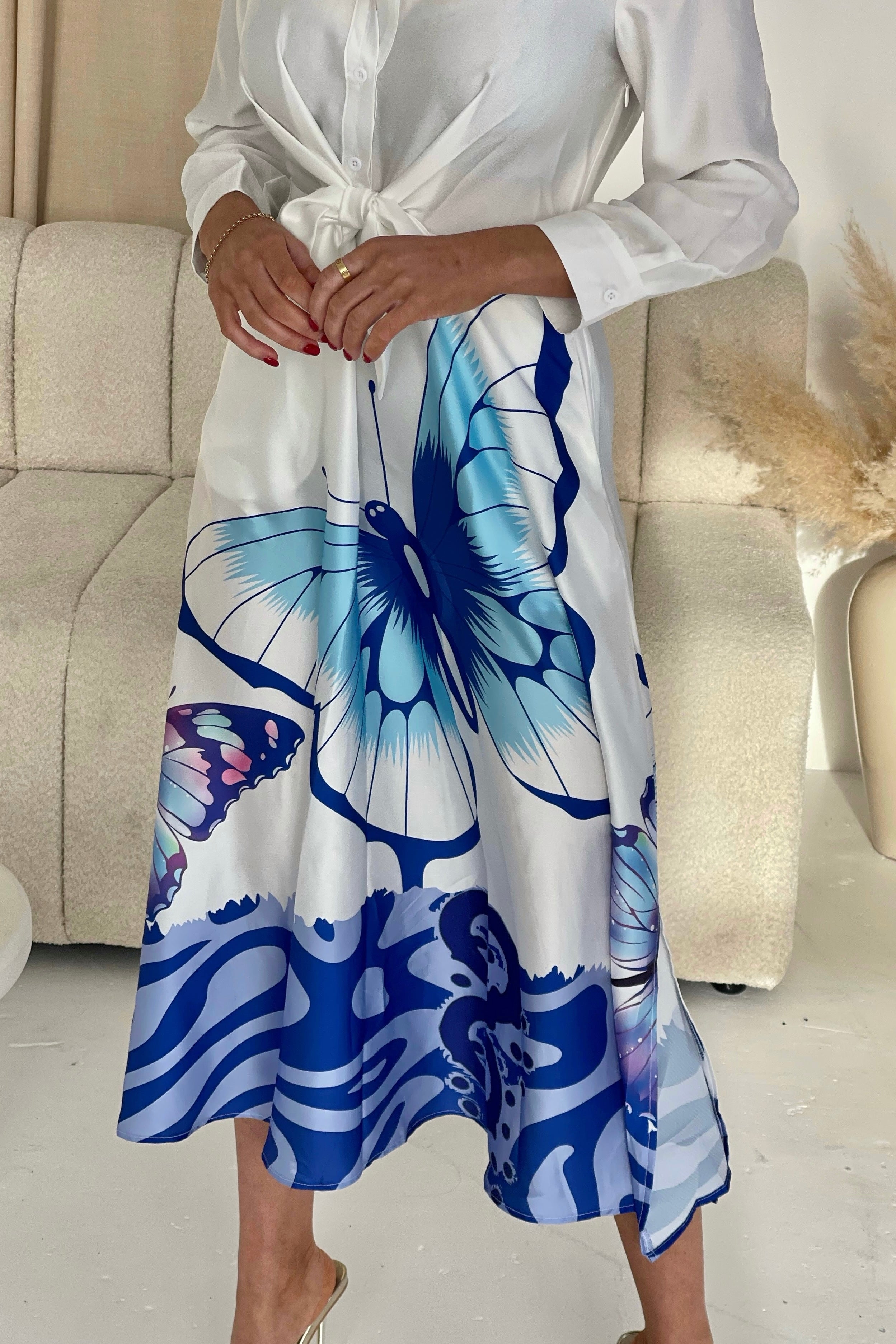 Isabella Blue Butterfly Tie Front Shirt Dress