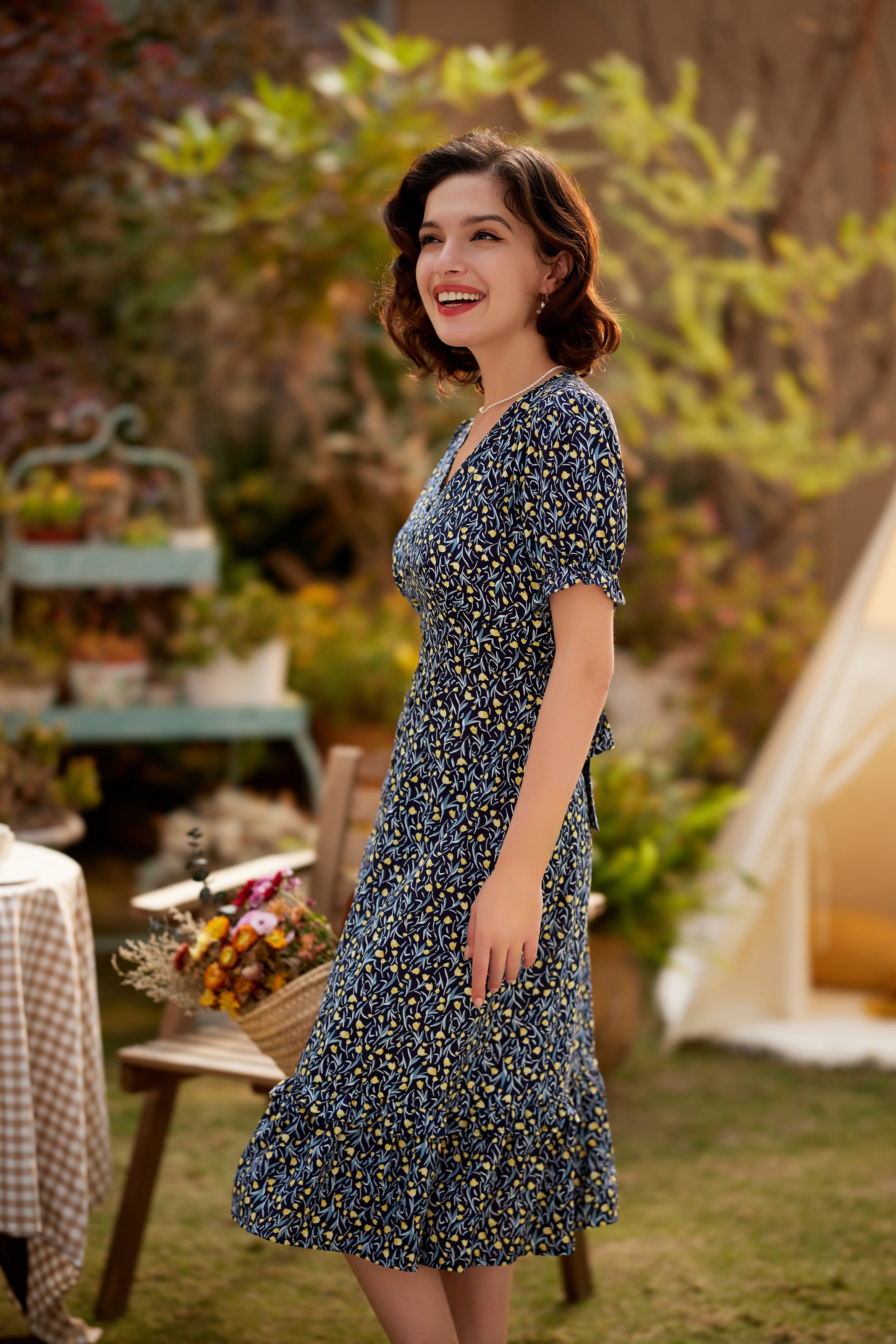 Vintage Floral Dress Short Sleeve V-Neck Front Slit A-Line Dress