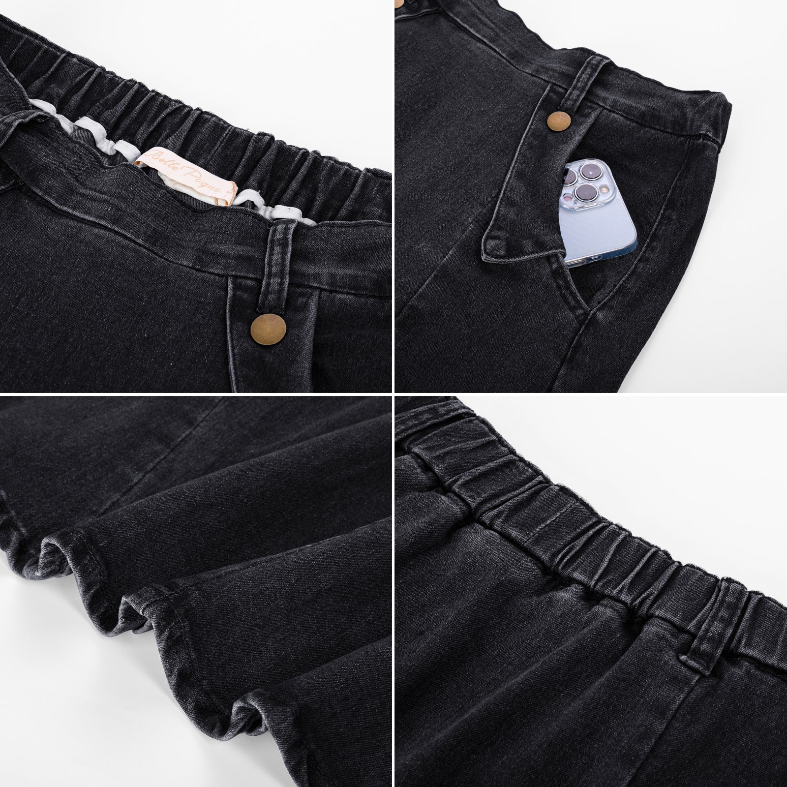 Denim Skirts Knee Length Vintage Elastic High Waist A-Line Midi Jean Skirts with Pockets