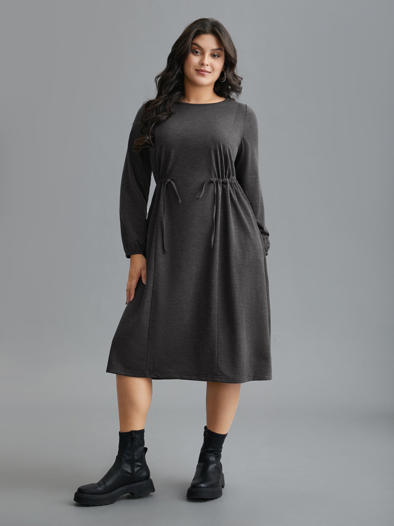 Elastic Waist Tie Round Neck Knit Midi Dress