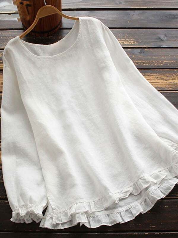 Women's Cotton Linen Solid Color Round Neck Long Sleeve Shirt