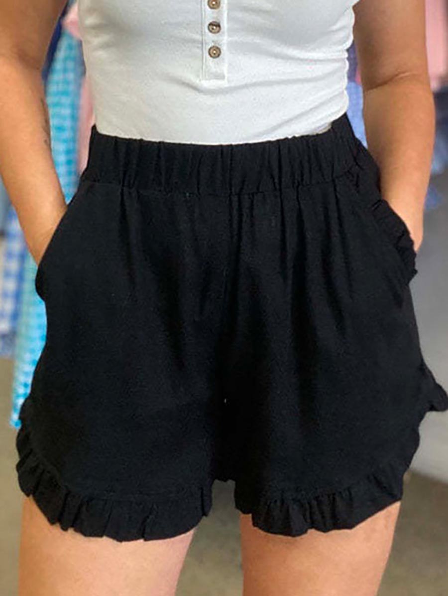Elastic Waist Wide Leg Ruffle Cotton Linen Shorts