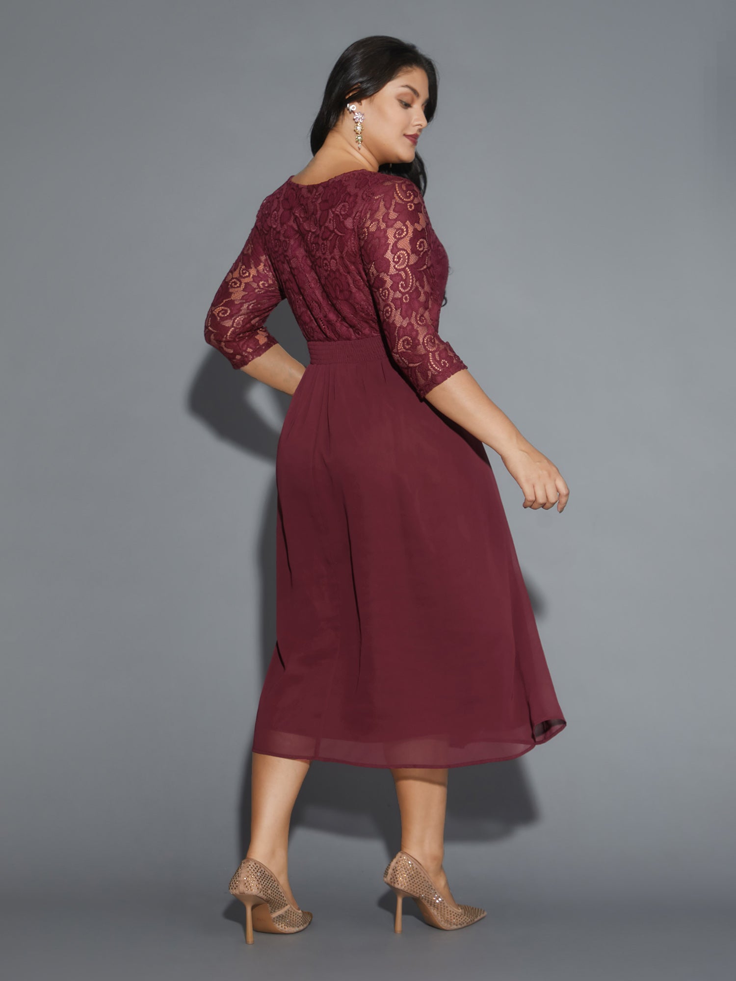 Lace Patchwork Shirred Midi Pocket Dress