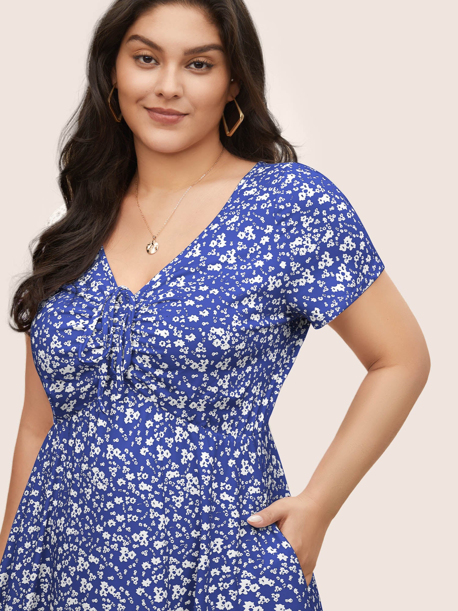 Ditsy Floral Elastic Waist Knot Drawstring Dress