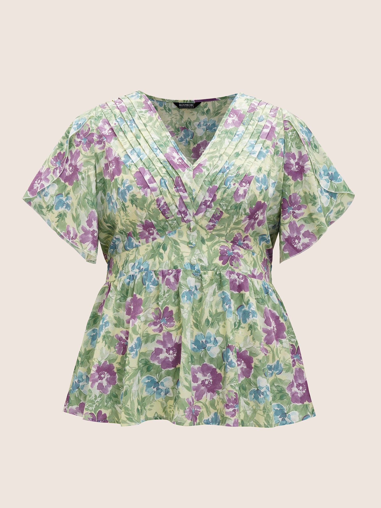 V Neck Floral Petal Sleeve Pleated Blouse