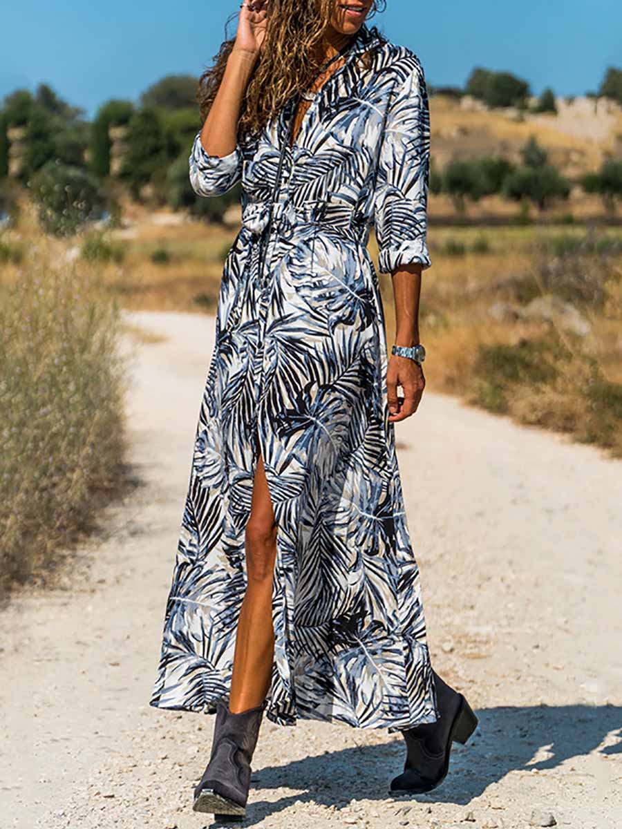 Printed Lace-Up Loose Maxi dress