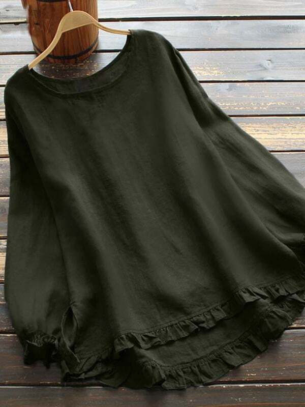 Women's Cotton Linen Solid Color Round Neck Long Sleeve Shirt