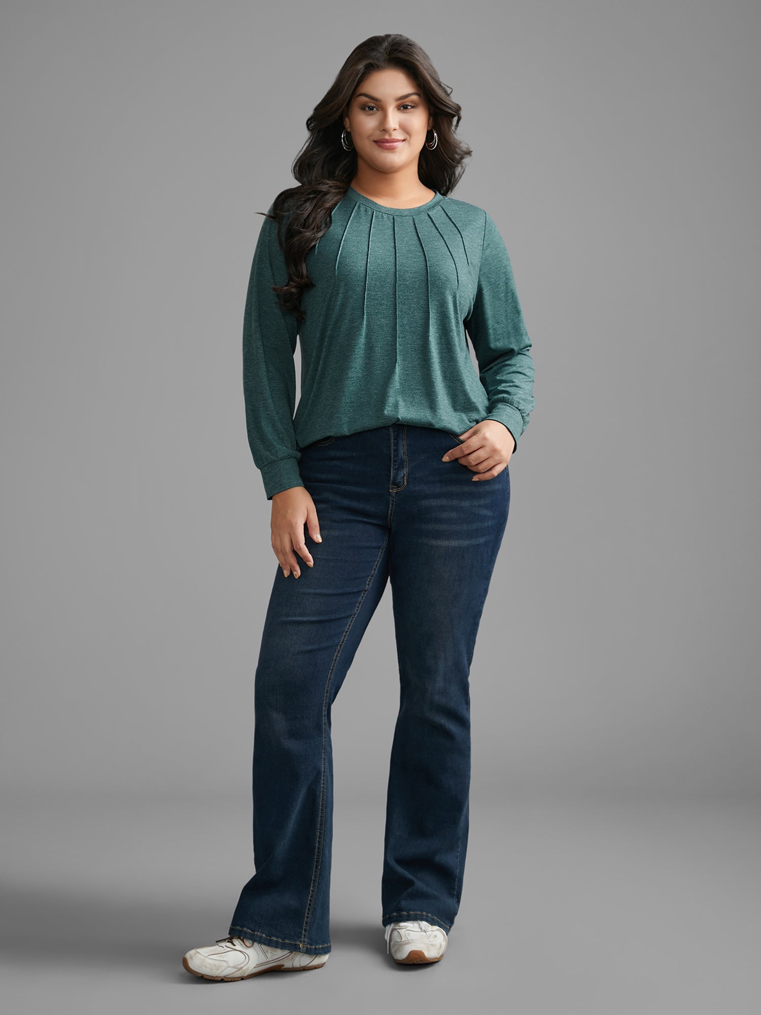 Solid Heather Round Neck Pleated T-shirt