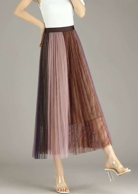 Yellow Green Lace Patchwork Tulle Pleated Skirt Summer
