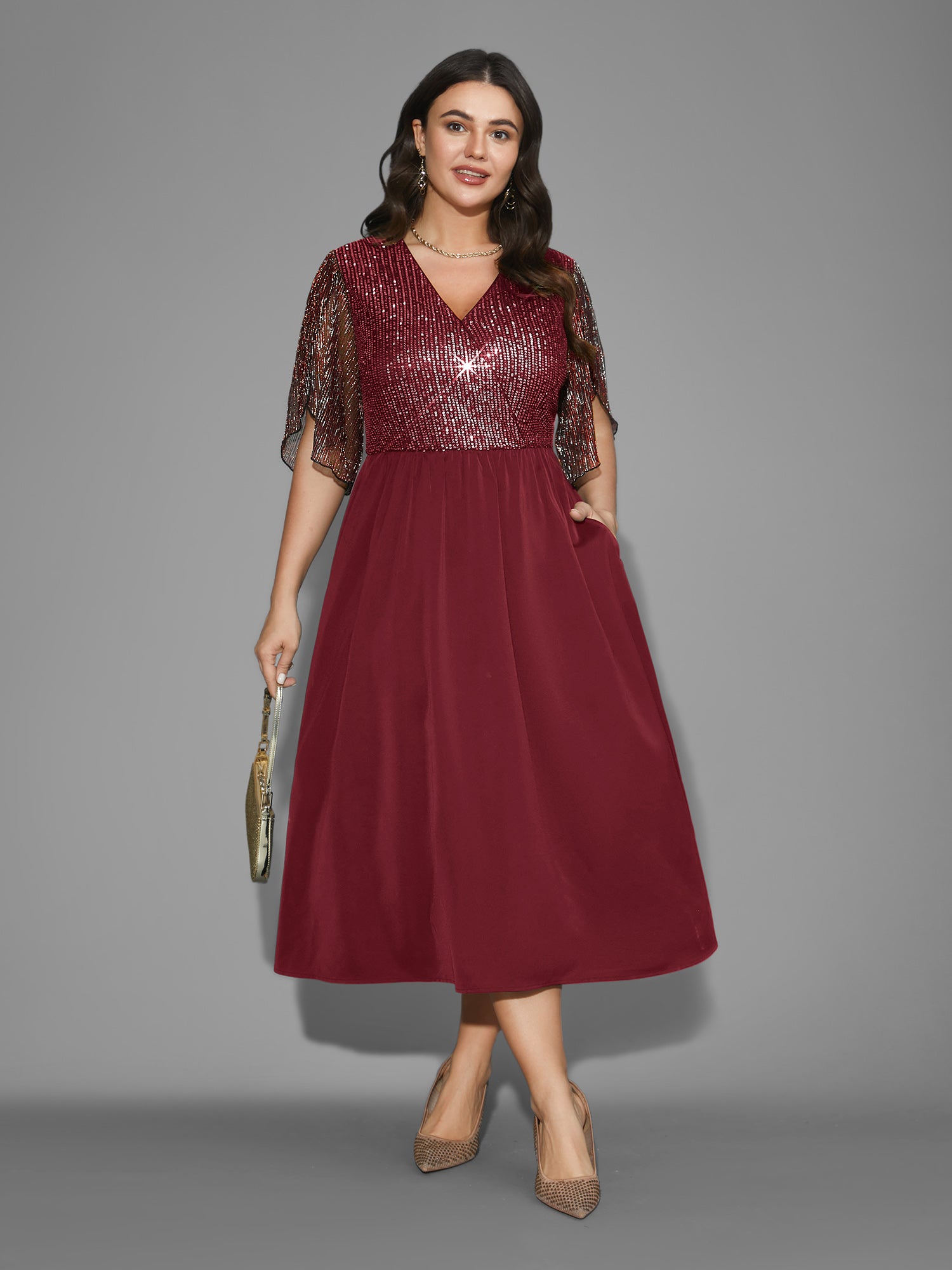 Sequin Mesh Petal Sleeve Midi Dress