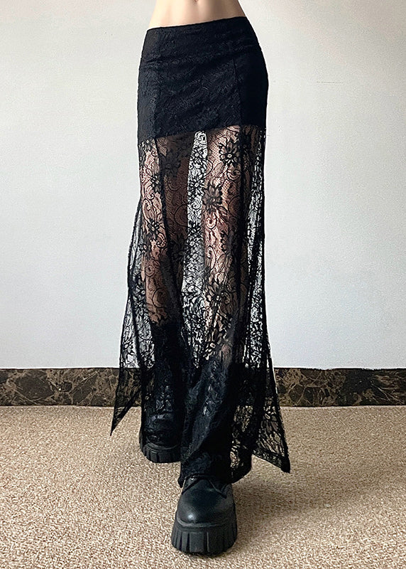 Stylish Black Hollow Out Slim Fit Lace Long Skirt Summer