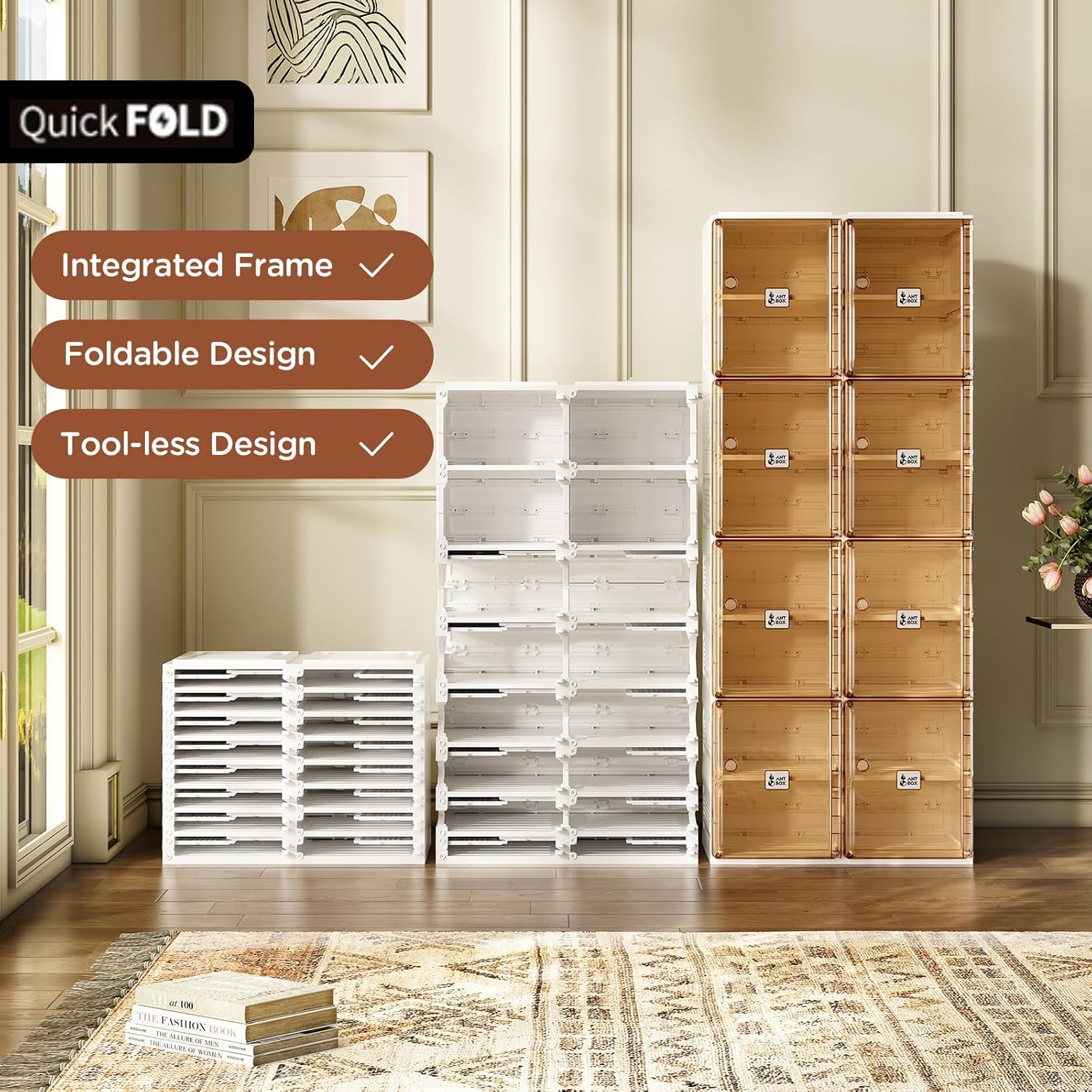 ANTBOX Shoe Organizer Storage Box, Portable Folding Shoe Rack For Closet With Magnetic Clear Door