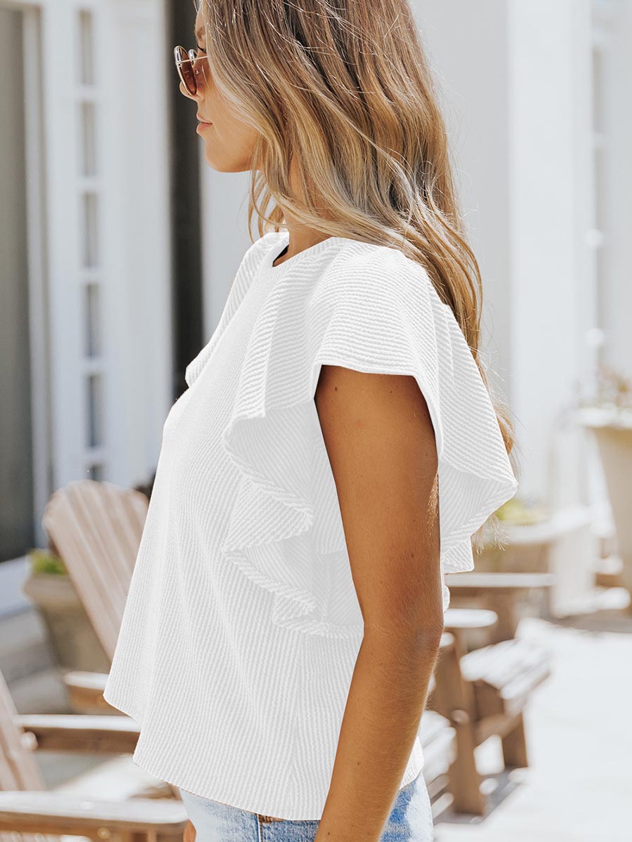 Round Neck Ruffle Knit Casual T-shirt