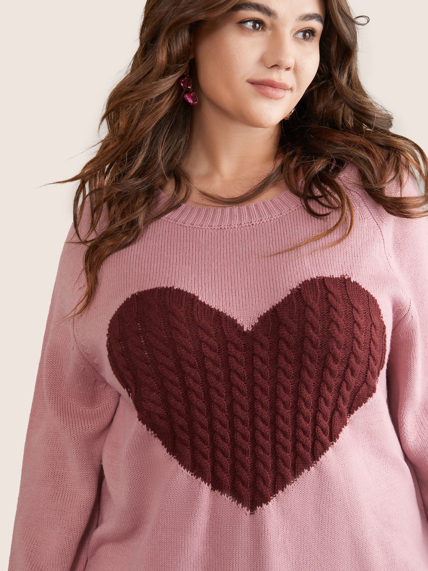 Heart Cable Knit Two Tone Raglan Sleeve Pullover