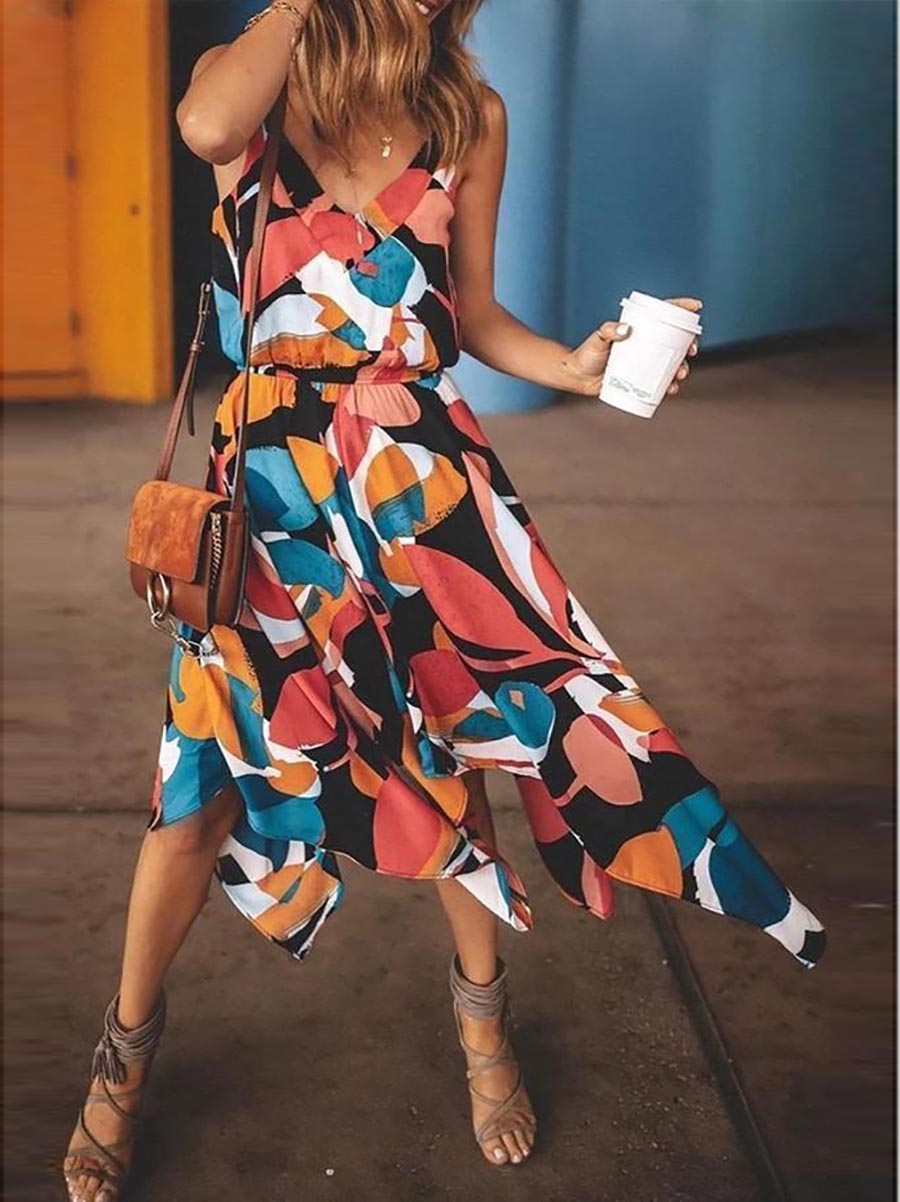 Spaghetti Straps Printed Multicolor Midi Dress