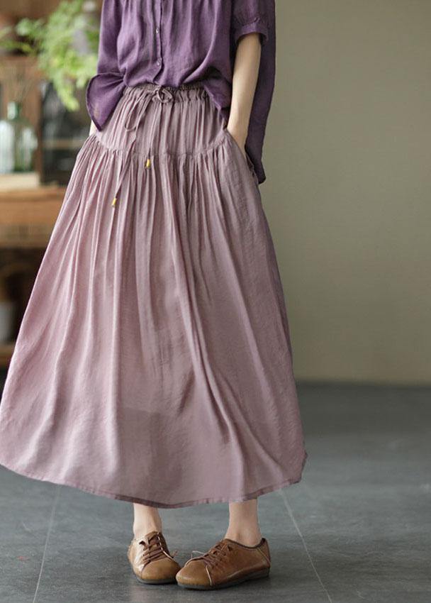 Vintage Light Purple Elegant Patchwork Tie Waist Summer Skirt Linen