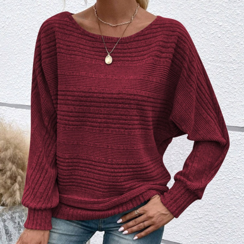 💜Solid Round-Neck Striped Top with Long Sleeves