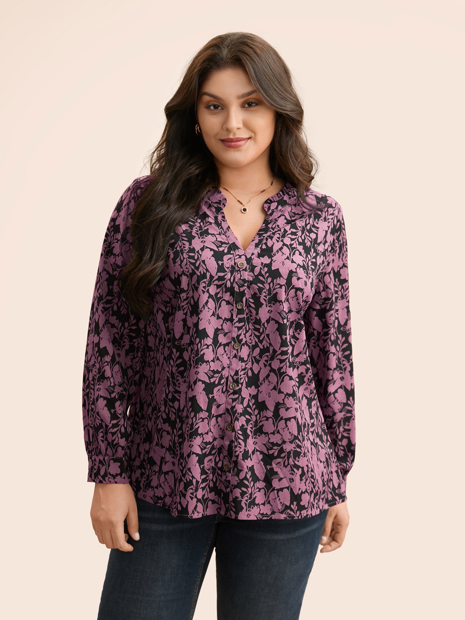 Silhouette Floral Print Notched Frill Trim Blouse
