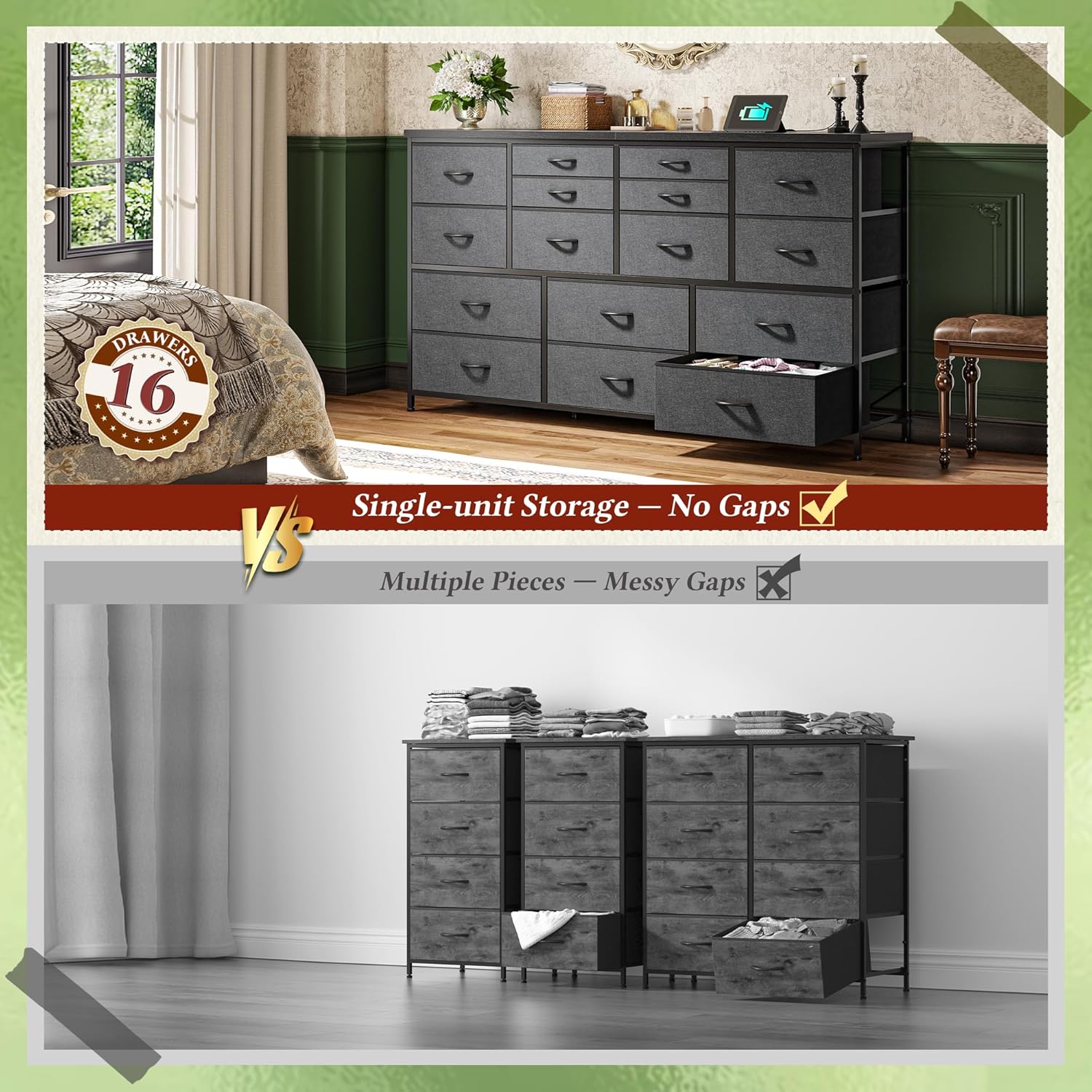 Dresser for Bedroom with 16 Fabric Drawers Long Dresser with Charging Station TV Stand for 60