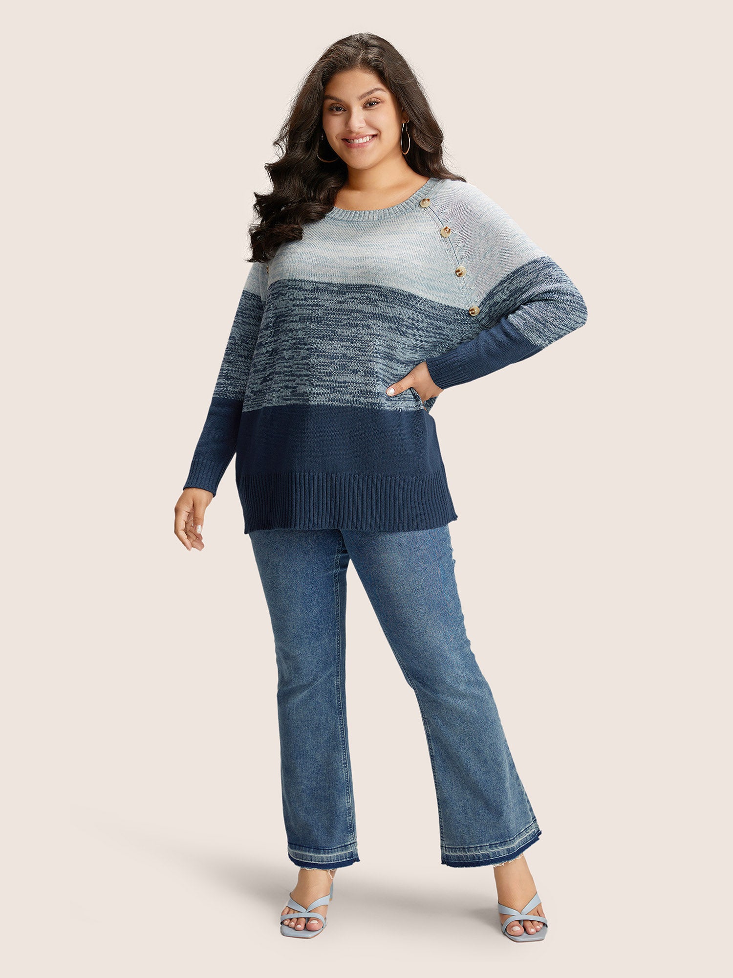 Colorblock Contrast Heather Button Detail Pullover