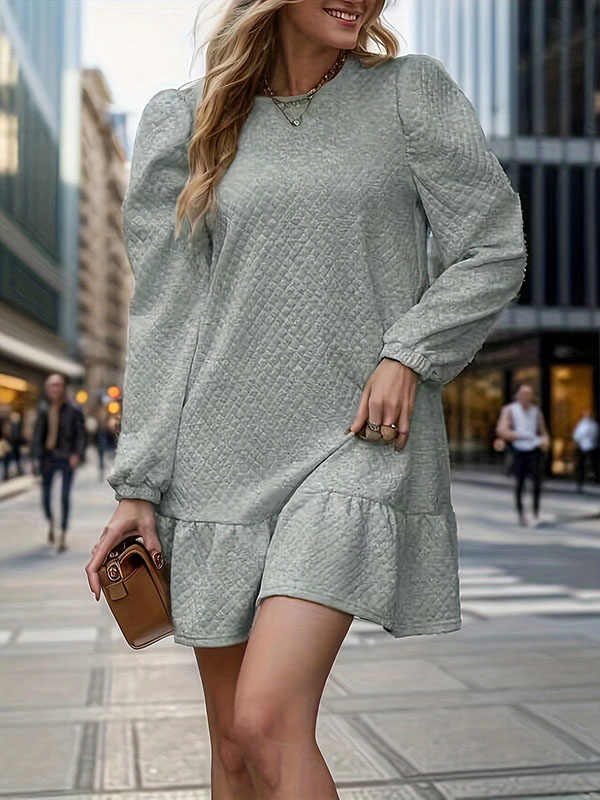 A-Line Long Sleeves Jacquard Pleated Solid Color Split-Joint Round-Neck Mini Dresses