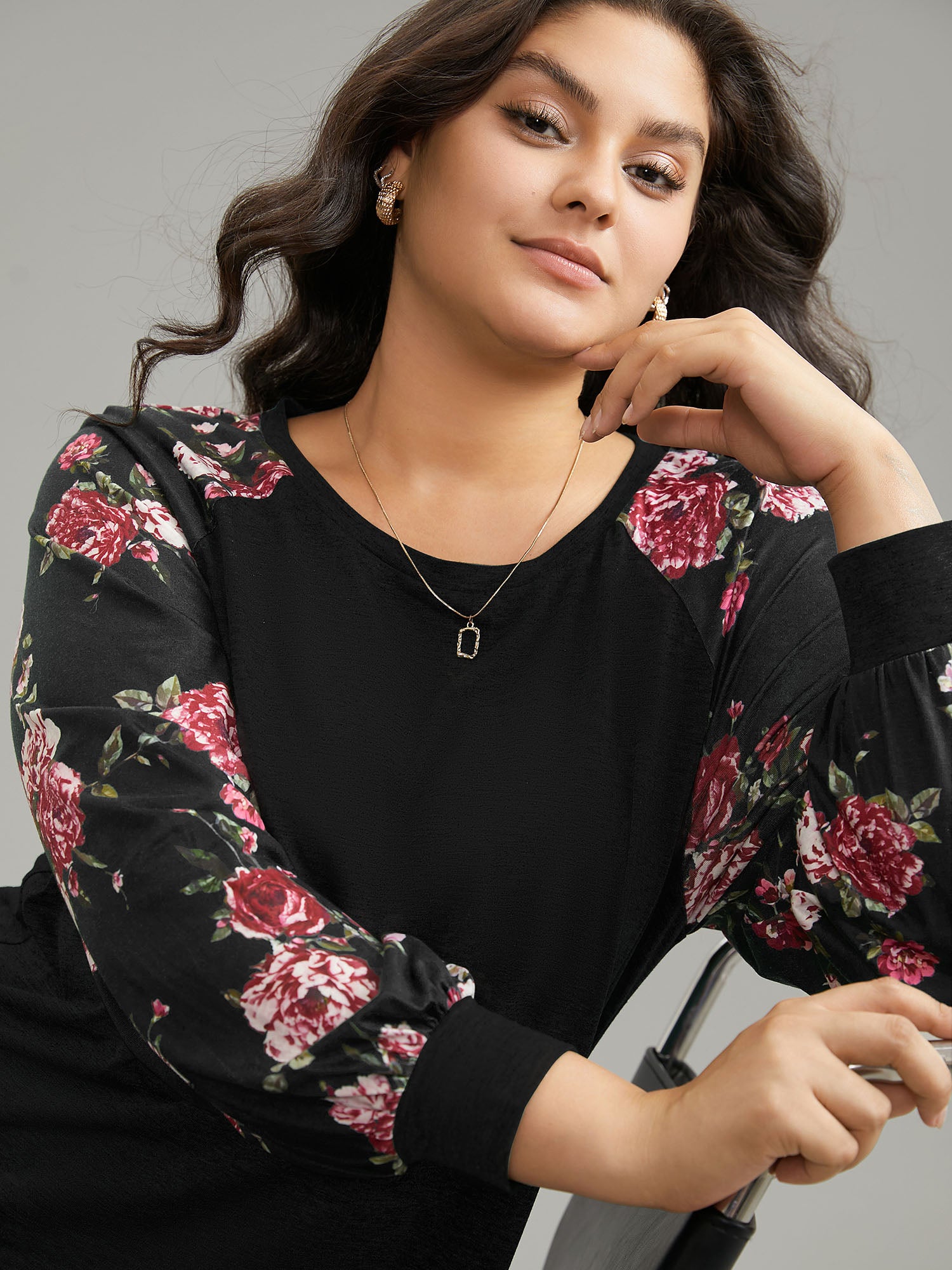 Floral Patchwork Crew Neck Raglan Sleeve T-shirt