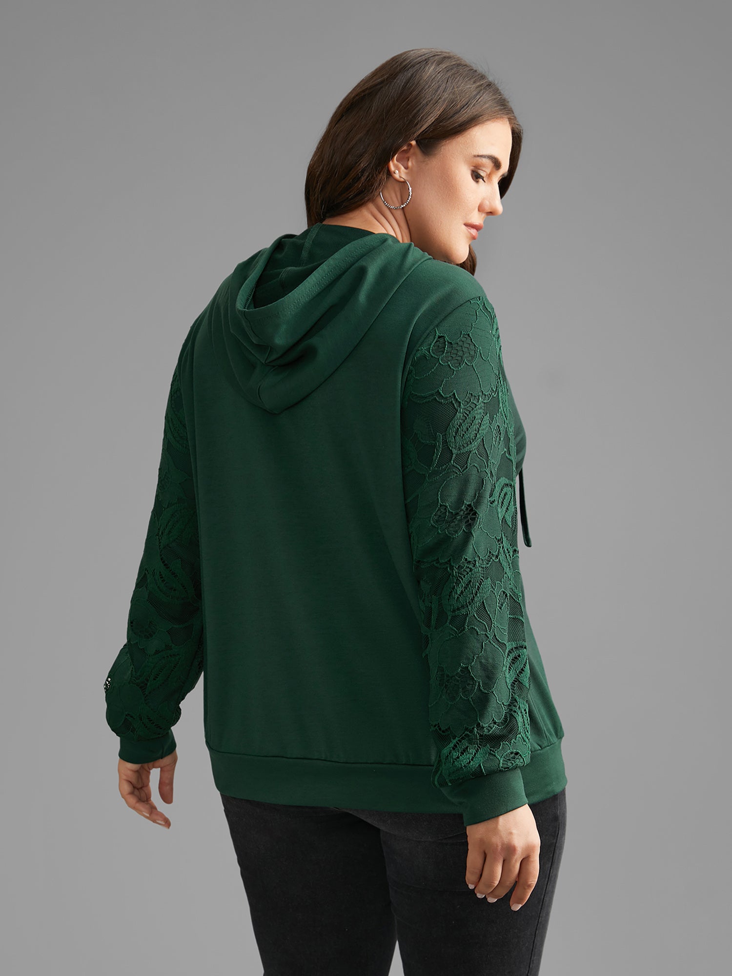 Lace Patchwork Pocket Hooded Drawstring Sweatshirt