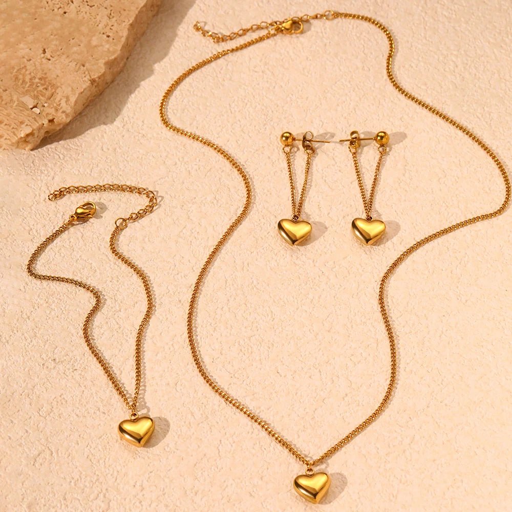 Dainty Heart Chain Necklace. Bracelet. and Earring Set