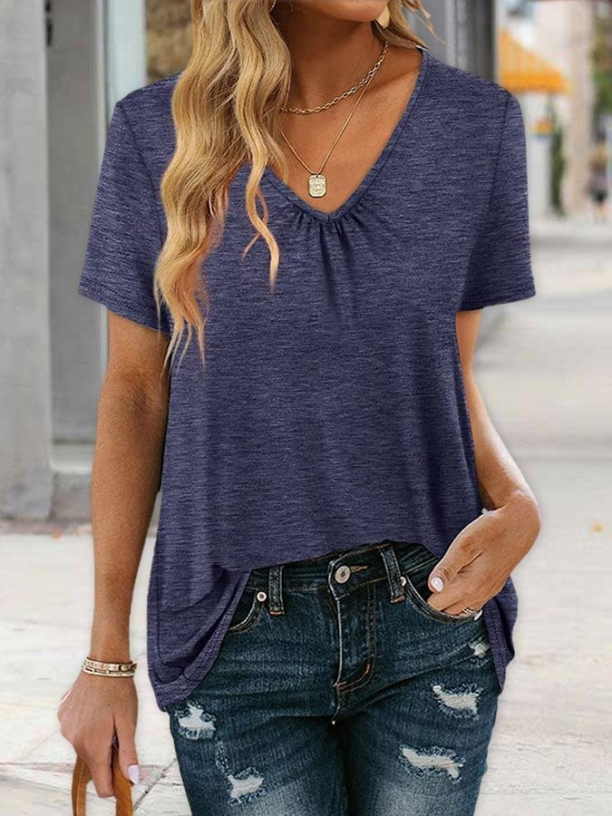 Women's V-Neck Gathered Loose Short Sleeve T-Shirt
