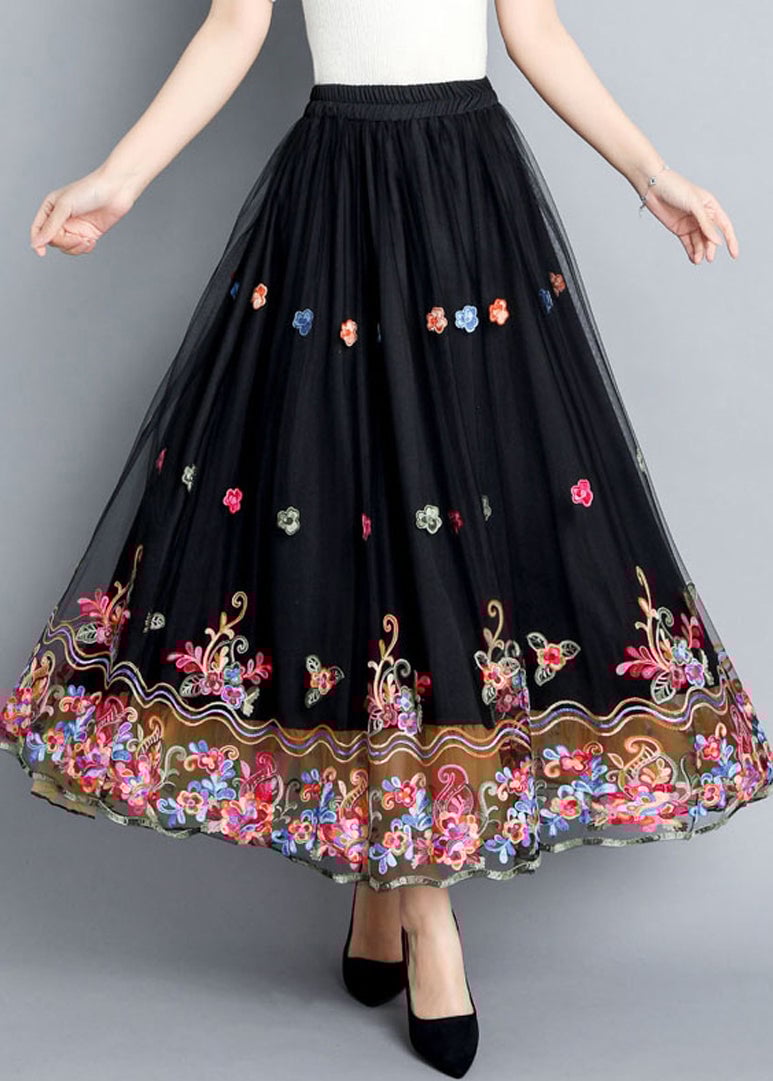 Vintage Black Embroidered Floral Tulle Maxi Skirts Summer