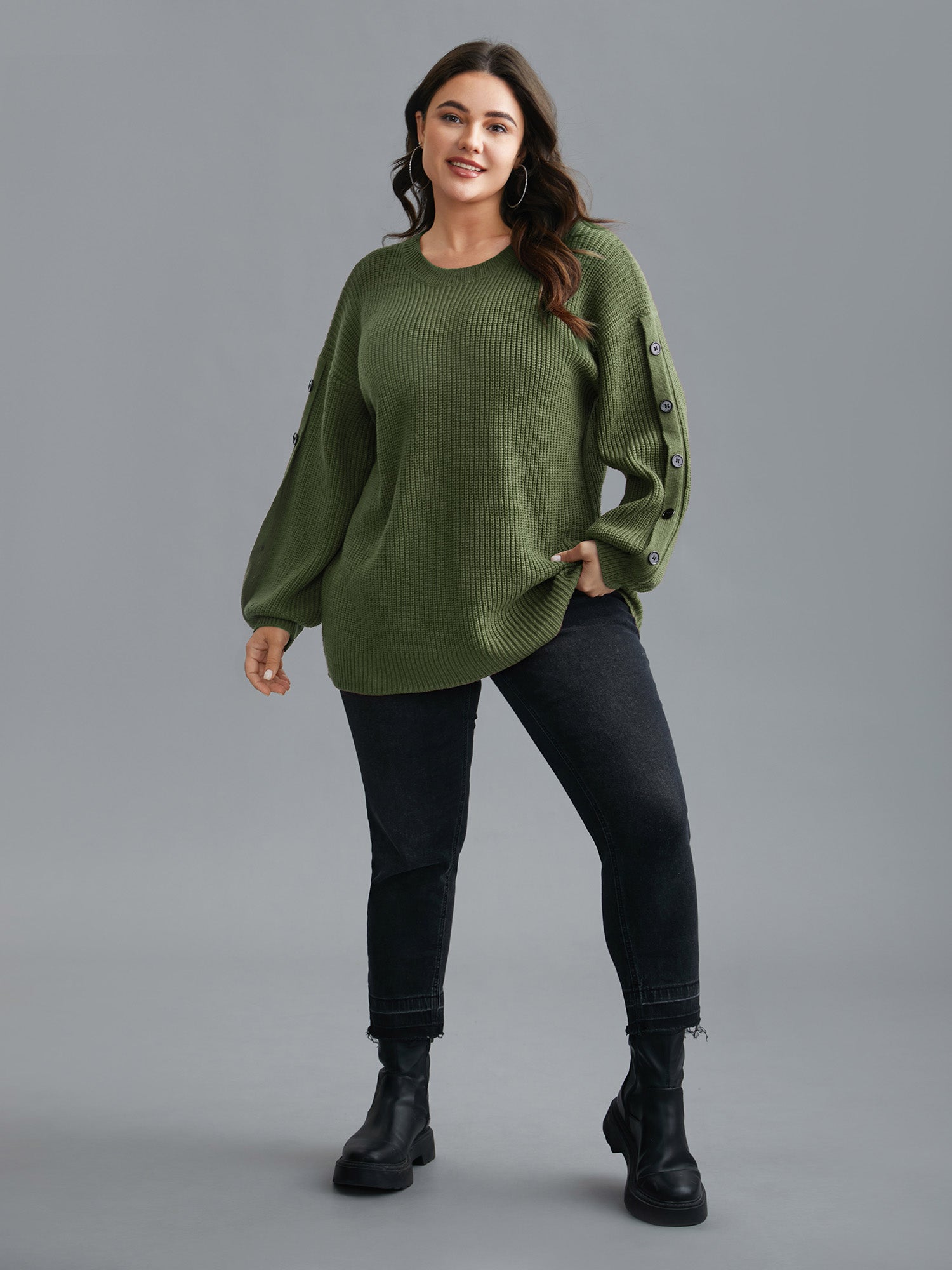 Textured Drop Shoulder Button Detailing Pullover