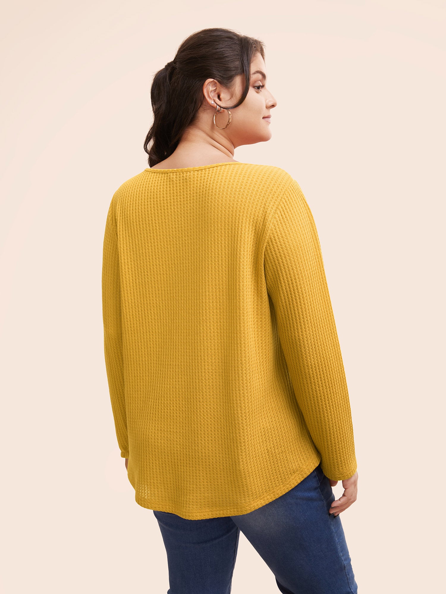 Plain Waffle Knit Scoop Neck Plicated Detail T-shirt