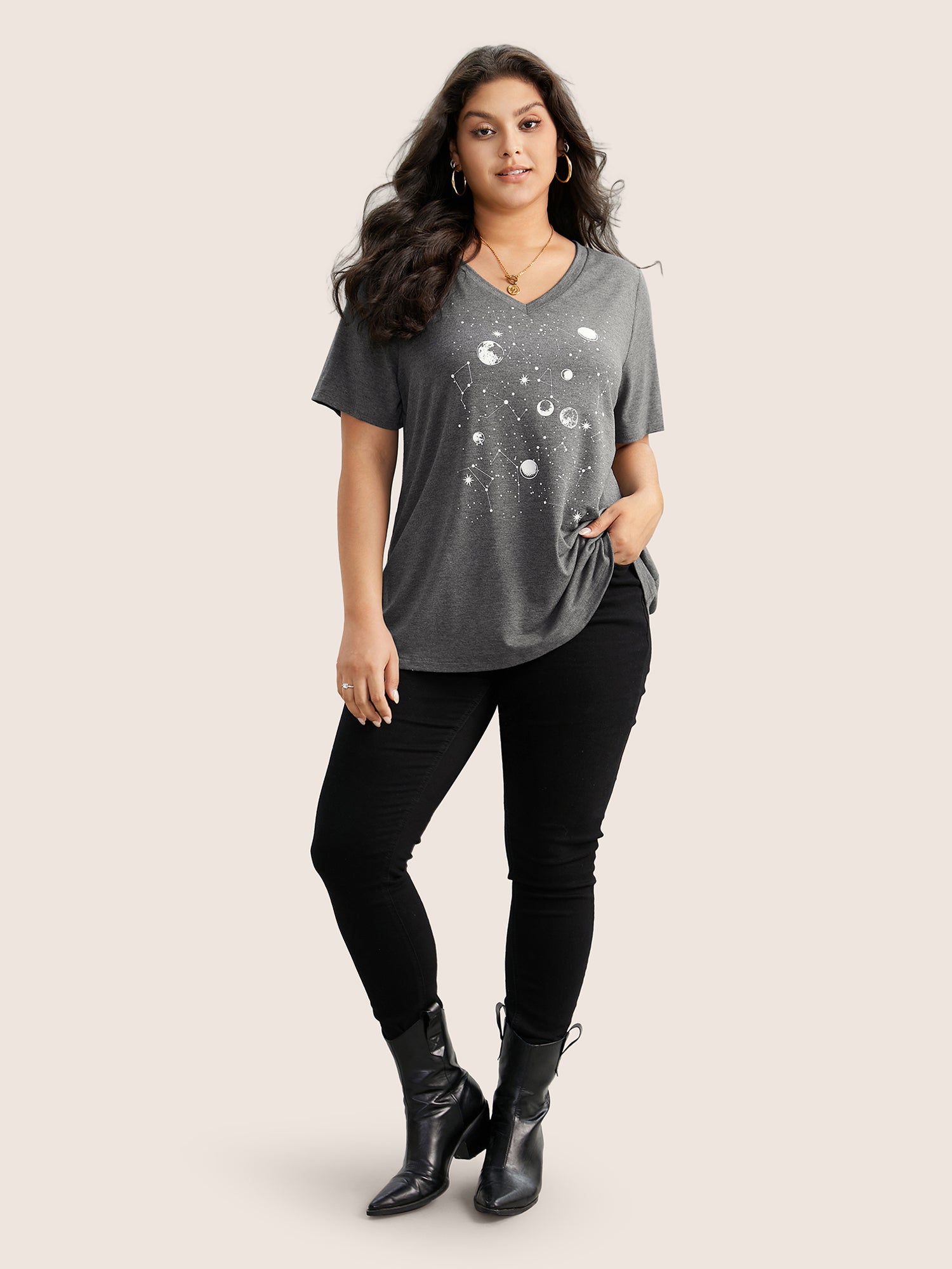 Moon and Star Print V Neck T-shirt