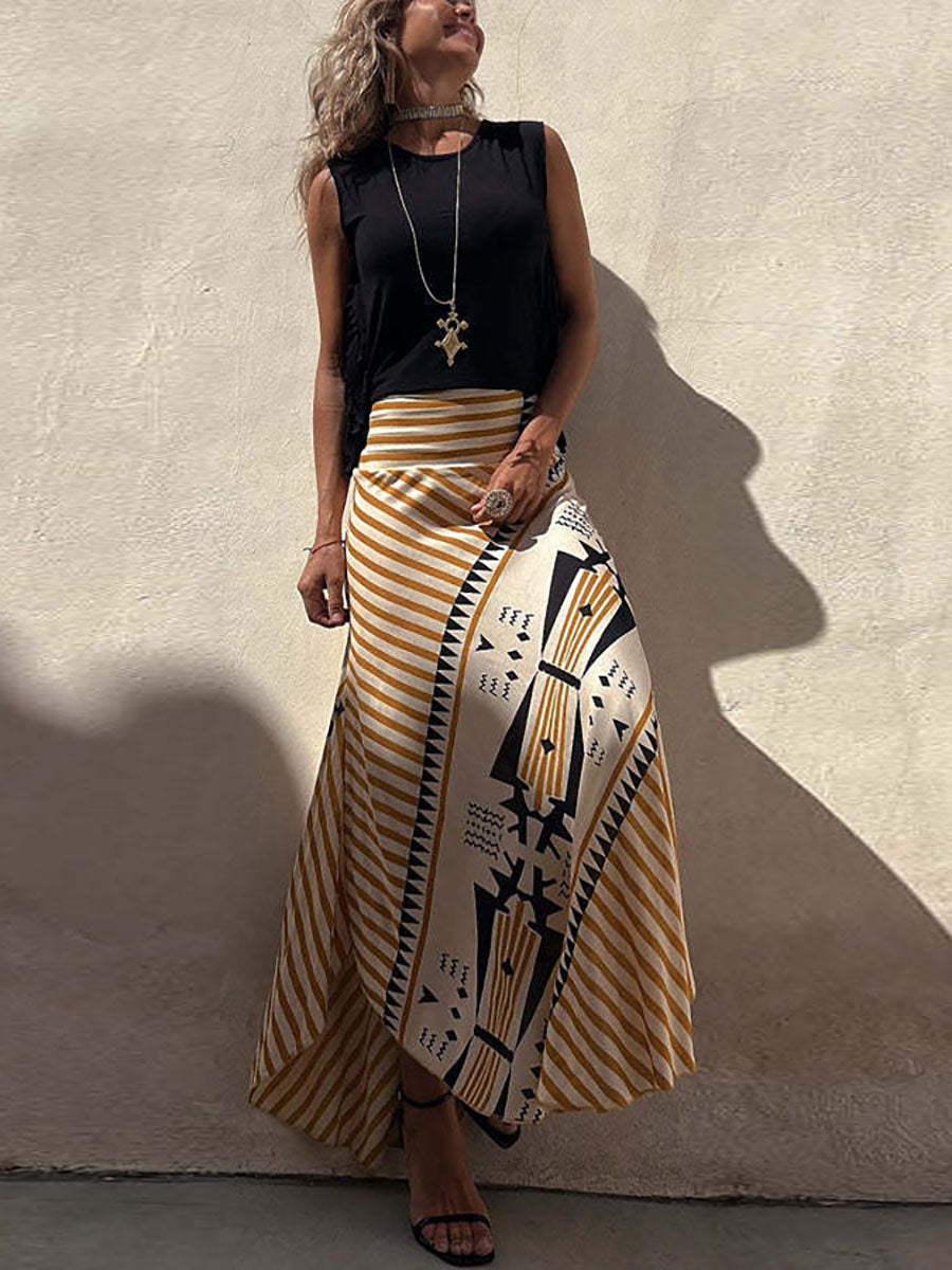 Eva Satin Geometric Print Elastic Waist Maxi Skirt