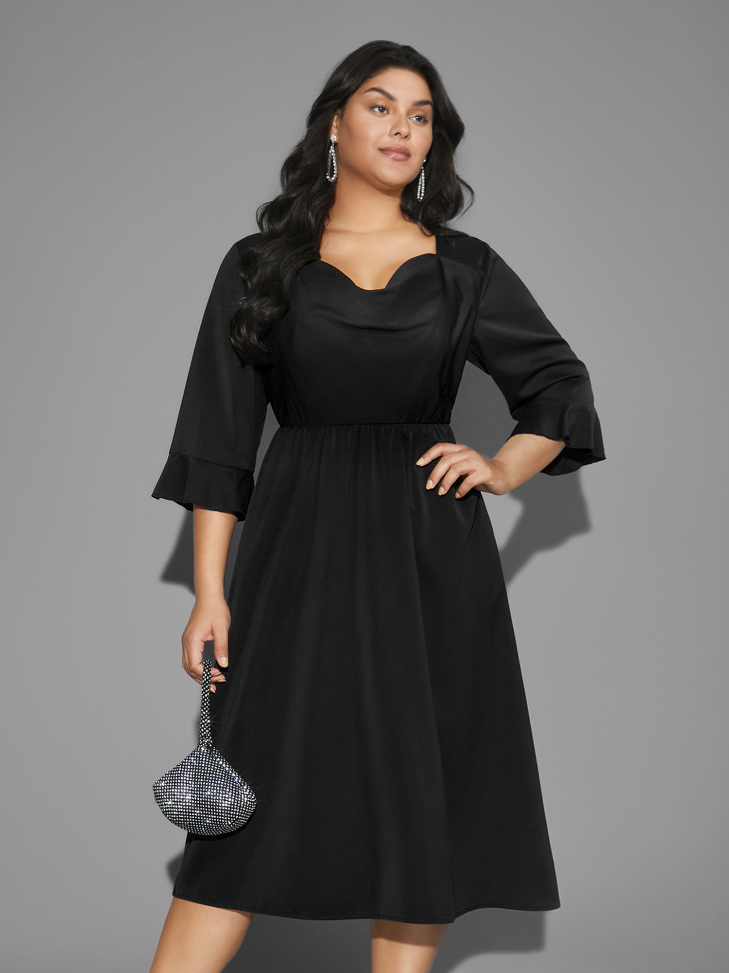 Cowl Neck Ruffle Sleeve Midi Dress