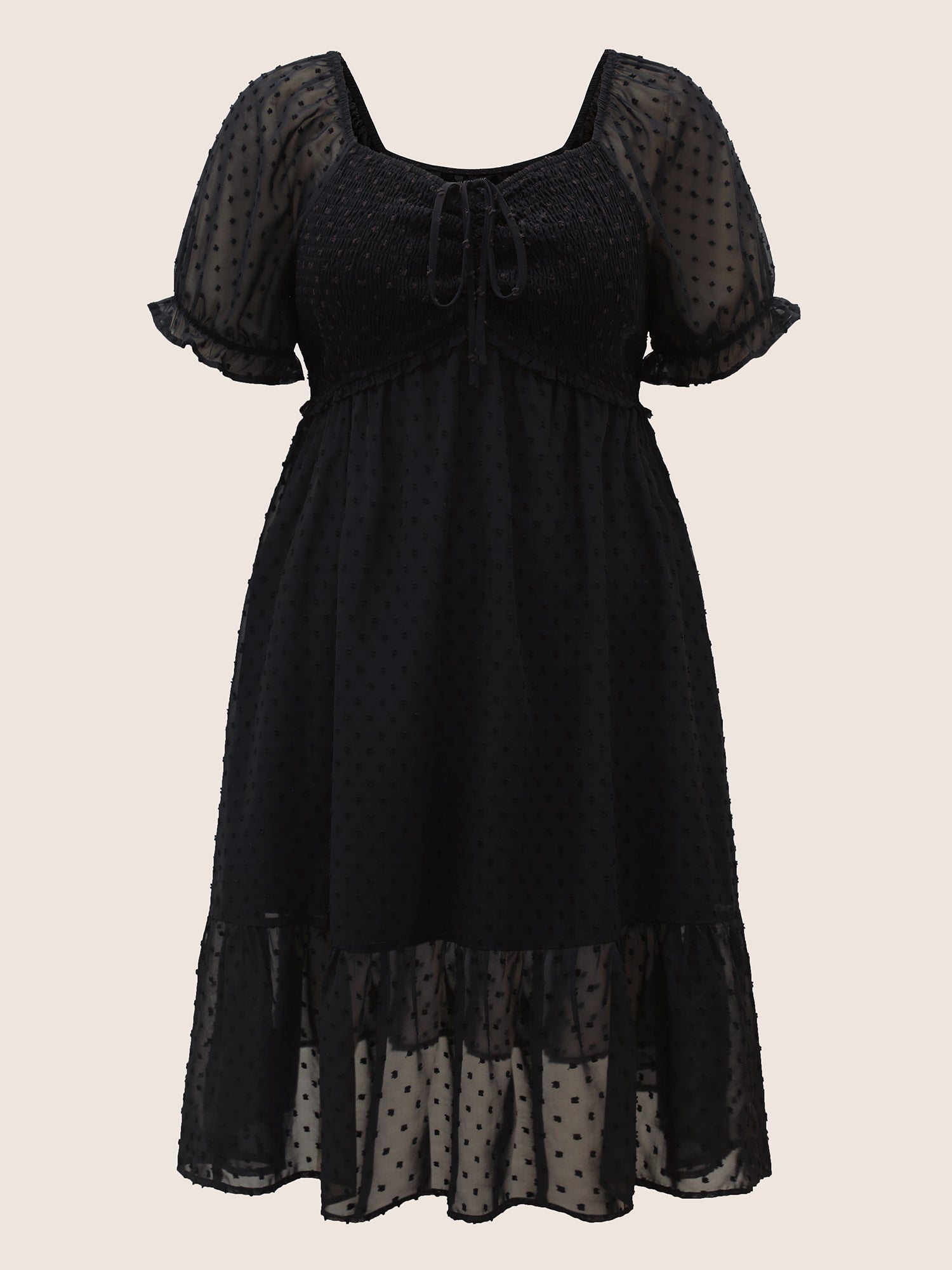 Polka Dot Textured Mesh Shirred Drawstring Dress