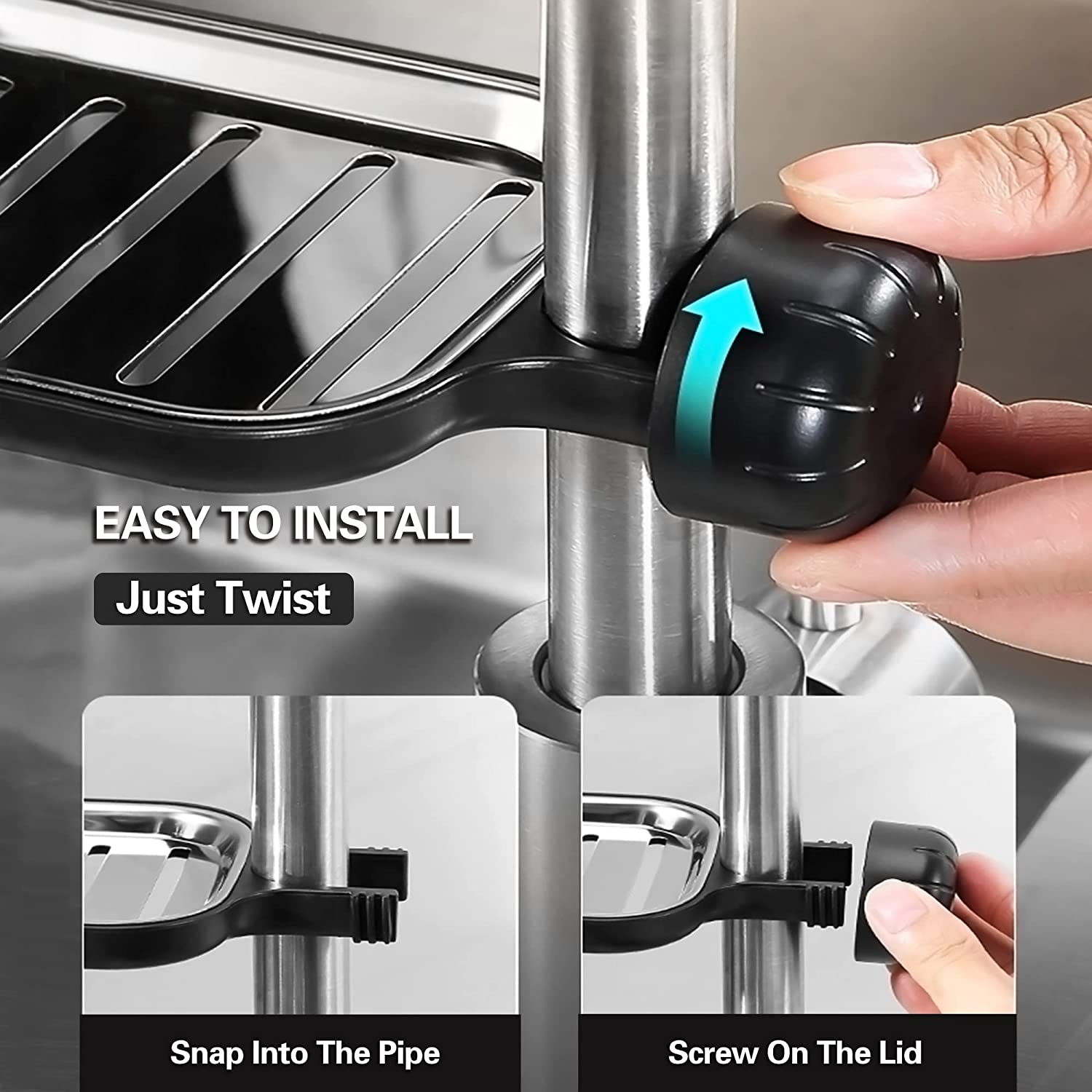 Faucet Storage Rack Shower Caddy For Kitchen And Bathroom. Hanging Organizer Stainless Steel Dish Soap Tray (Black)