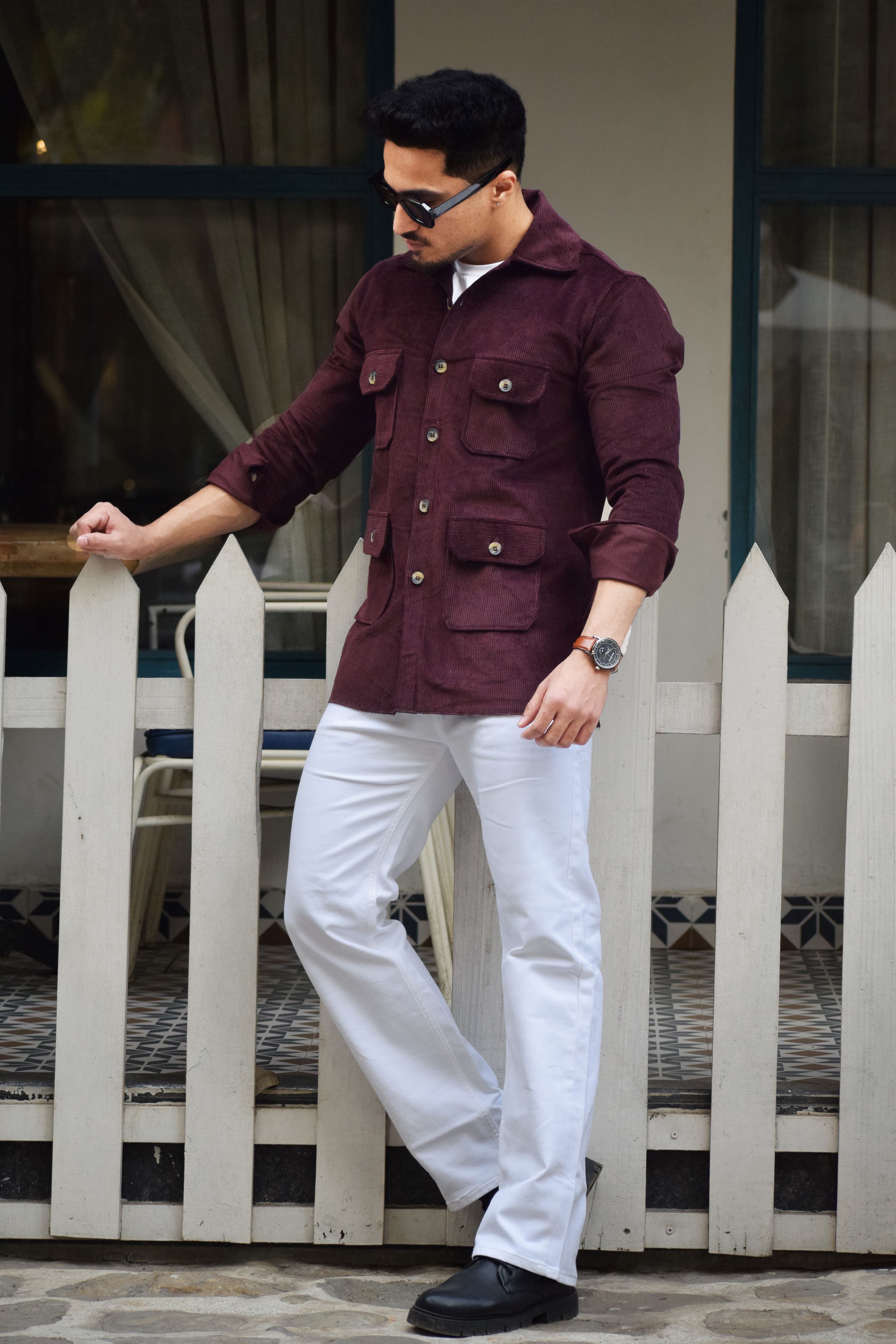 Wine Corduroy Hunting Shacket for Men