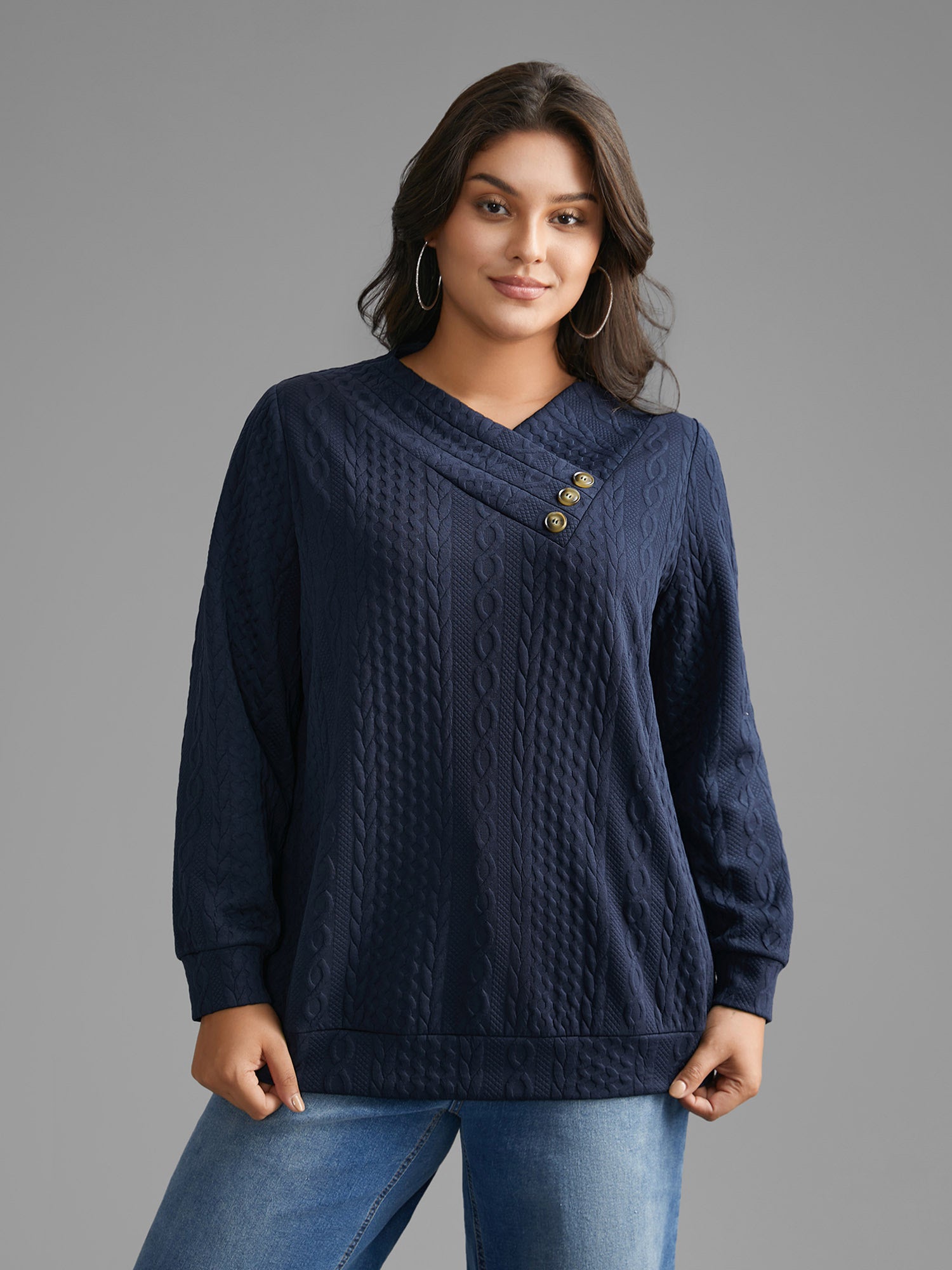 Overlap Collar Textured Button Detail Sweatshirt