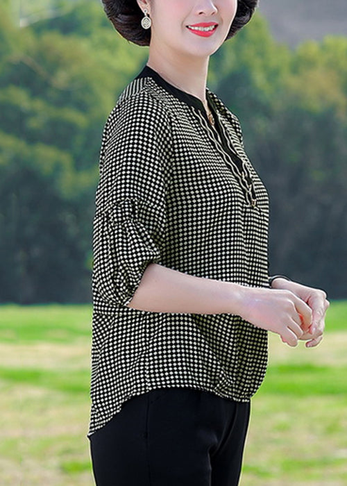 Coffee Plaid Patchwork Cotton T Shirt V Neck Summer