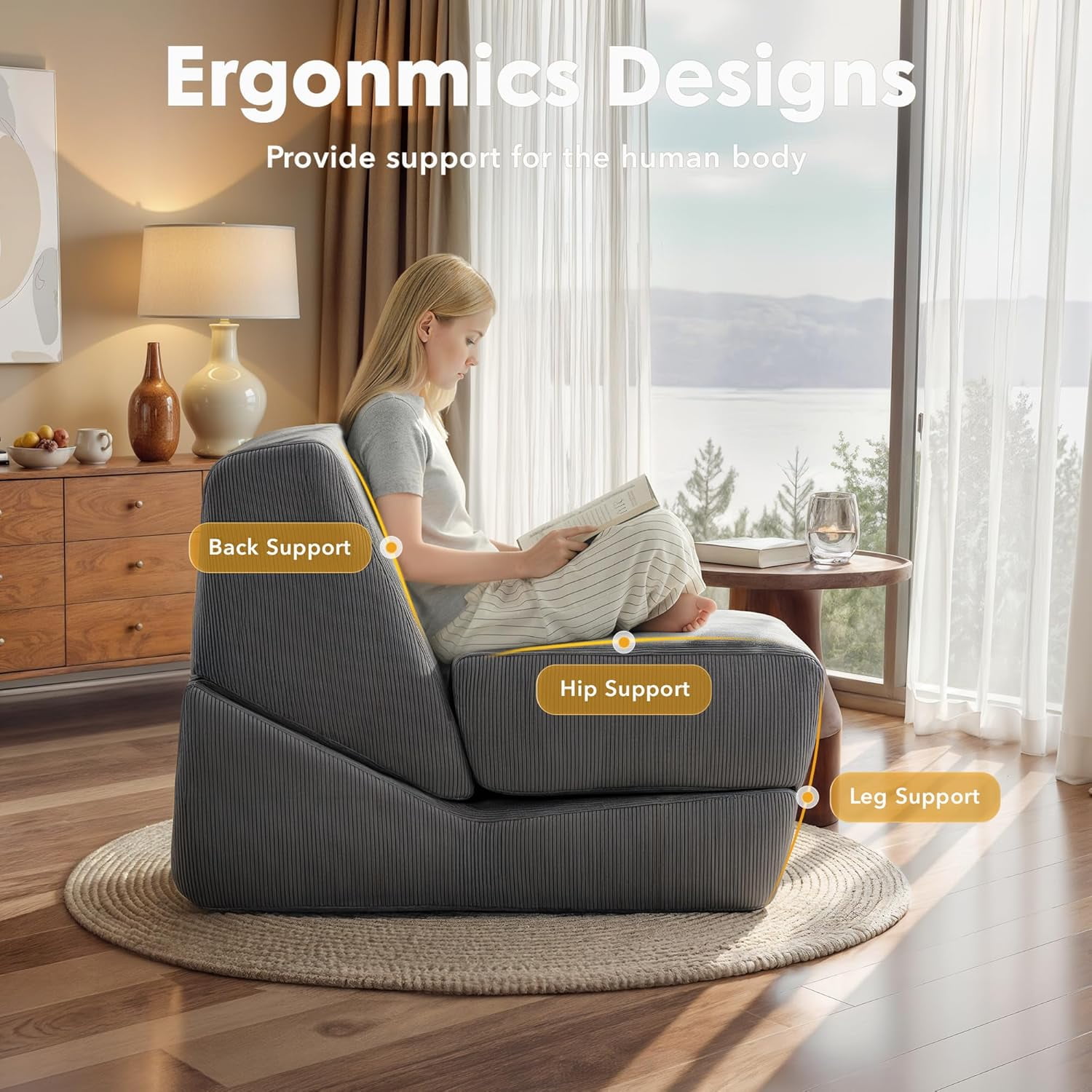 Folding Sofa Bed, 3 in 1 Convertible Sleeper Chair, Floor Couch with Back Support, Single Chair Bed for Living Room