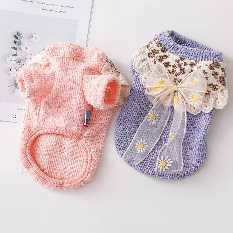 Daisy Printed Lace Bowknot Dog Cat Sweater