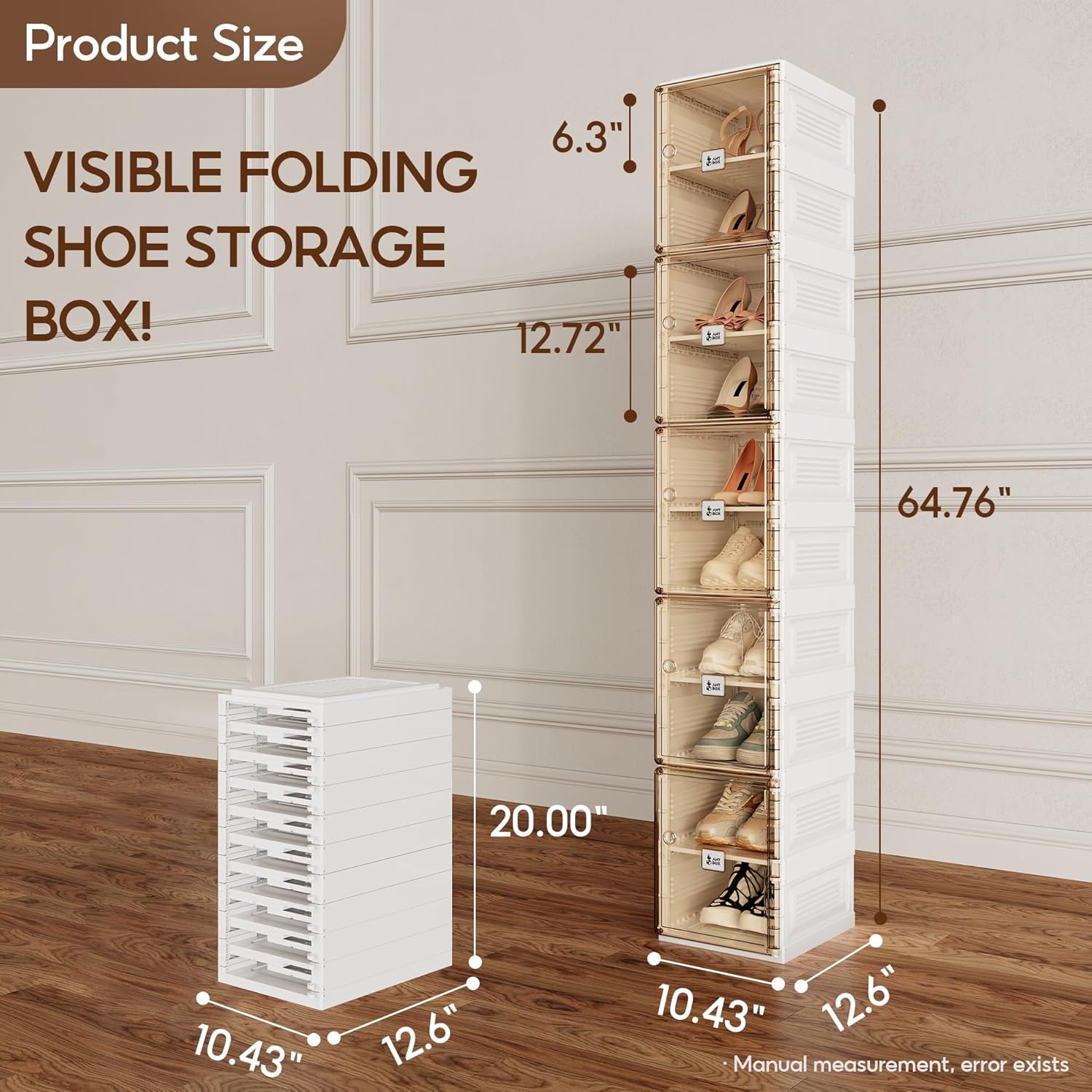 ANTBOX Shoe Organizer Storage Box, Portable Folding Shoe Rack For Closet With Magnetic Clear Door