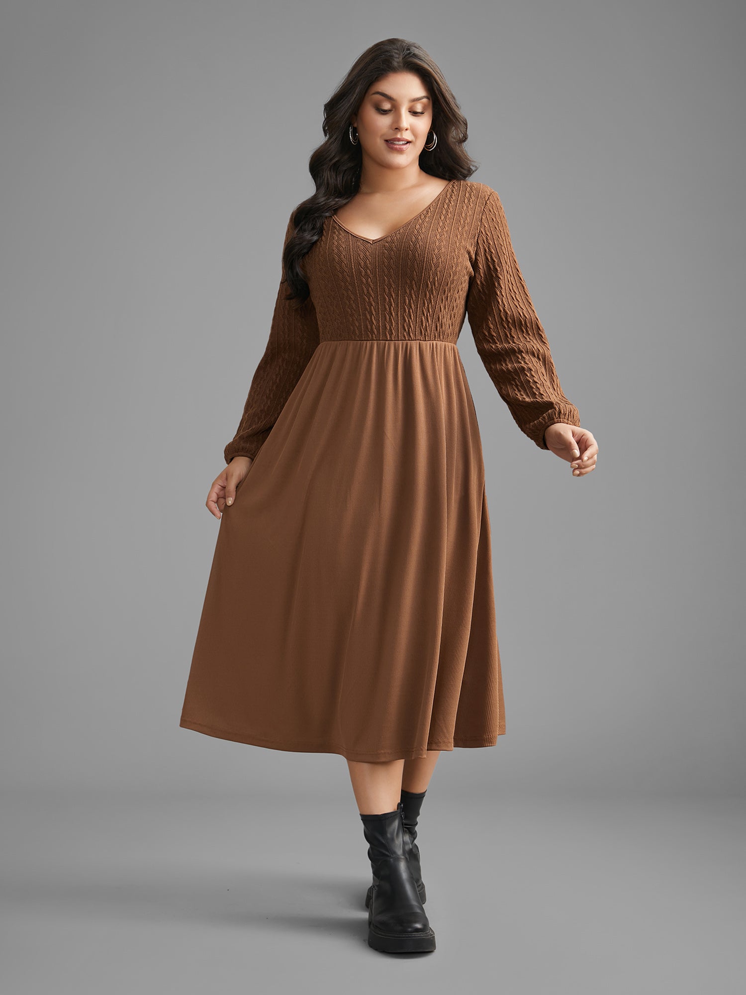 V Neck Textured Patchwork Knit Dress