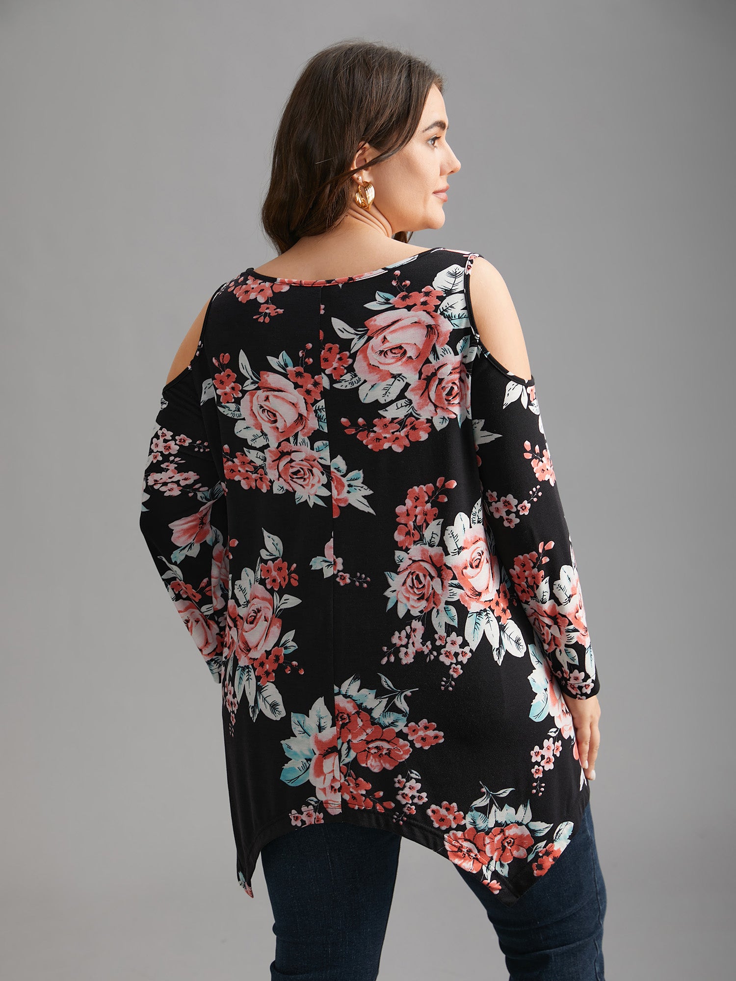 Floral Print Shoulder Cut-Out T-shirt