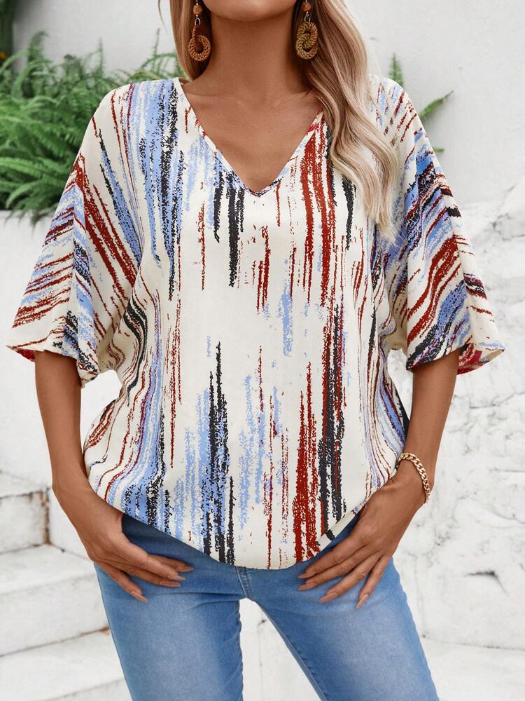 Women's Tie-Dye V-Neck Batwing Sleeve Loose Casual Shirt. Summer