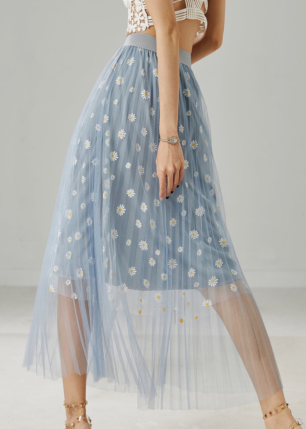 Boutique Blue Grey Chrysanthemum Embroidered Tulle Skirt Summer